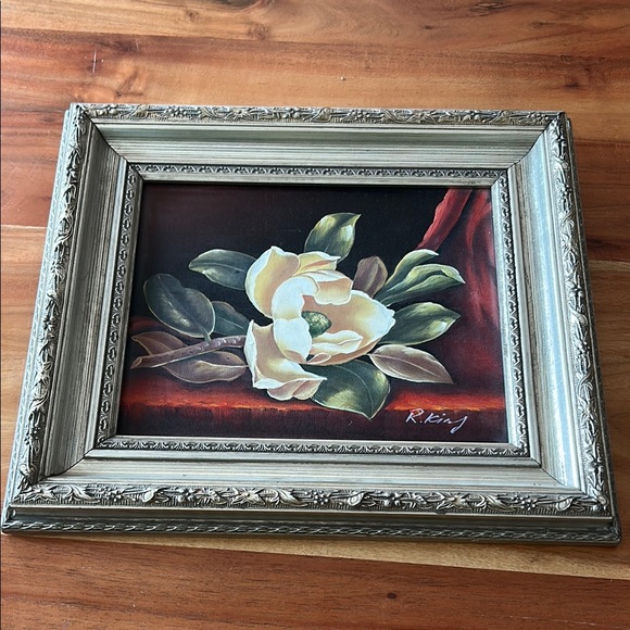Original Oil Cream Magnolia Flower in Ornate Silver 12x14 Frame by R King 8x10 - Picture 1 of 8